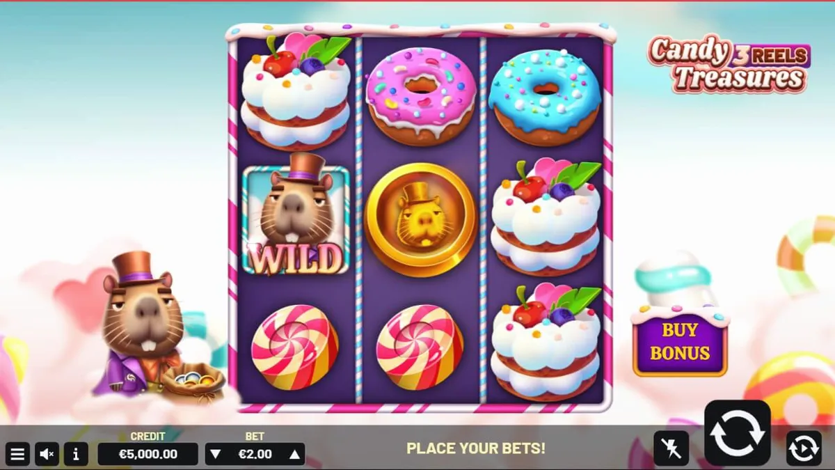 Tampilan antarmuka seluler slot Candy Treasures 3 Reels dengan simbol permen yang cerah