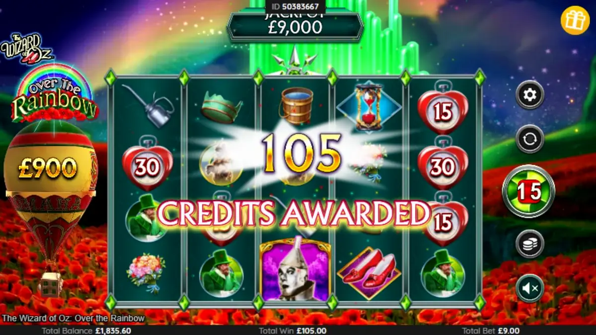 Tampilan visual slot The Wizard of Oz: Over the Rainbow dengan elemen magis dan karakter ikonik