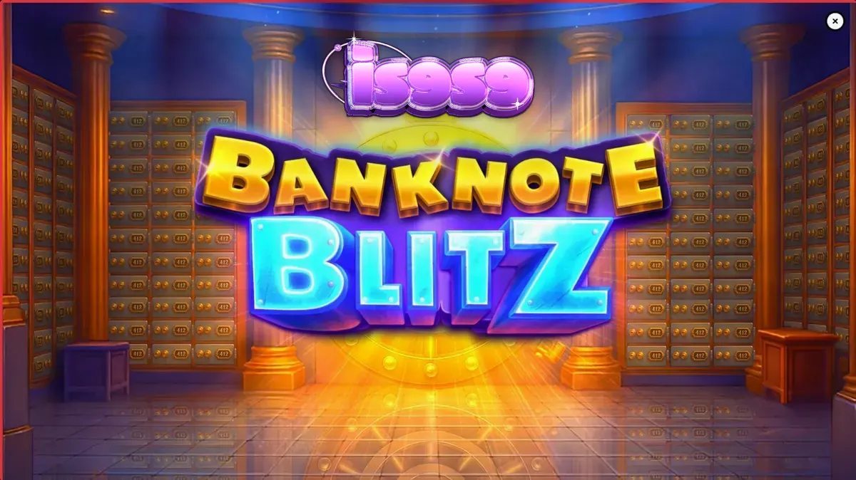 Tampilan visual slot Banknote Blitz dengan elemen brankas mewah dan bingkai kemenangan.